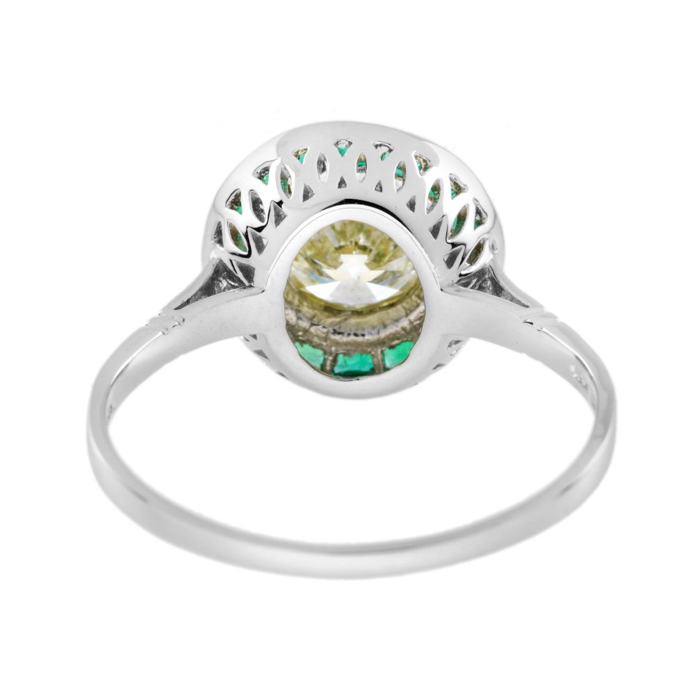 Certified 1ct Diamond and Calibre Emerald Target Cluster Engagement Ring in Platinum