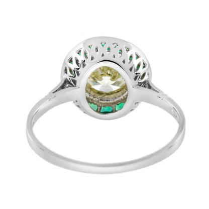 Certified 1ct Diamond and Calibre Emerald Target Cluster Engagement Ring in Platinum