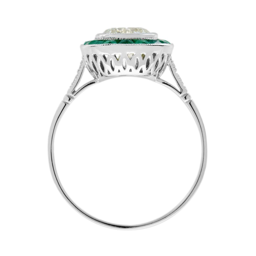 Certified 1ct Diamond and Calibre Emerald Target Cluster Engagement Ring in Platinum