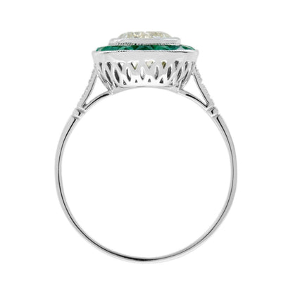 Certified 1ct Diamond and Calibre Emerald Target Cluster Engagement Ring in Platinum