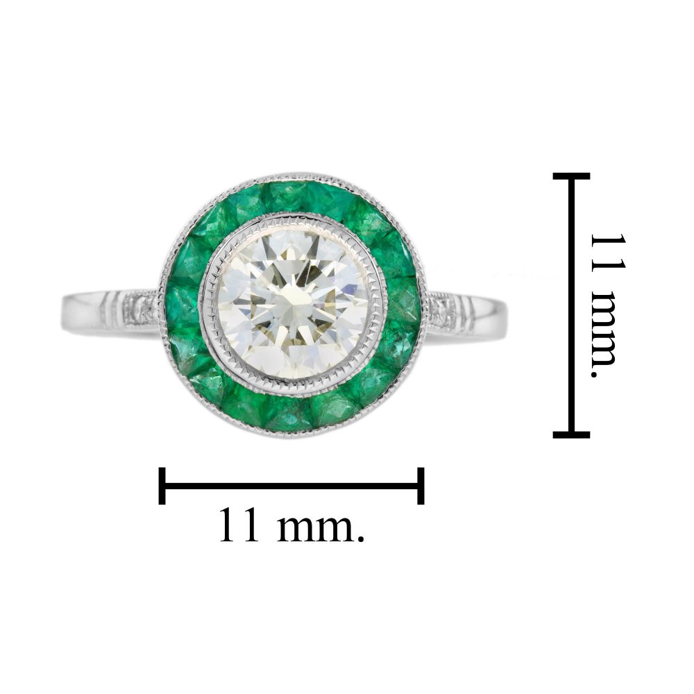 Certified 1ct Diamond and Calibre Emerald Target Cluster Engagement Ring in Platinum