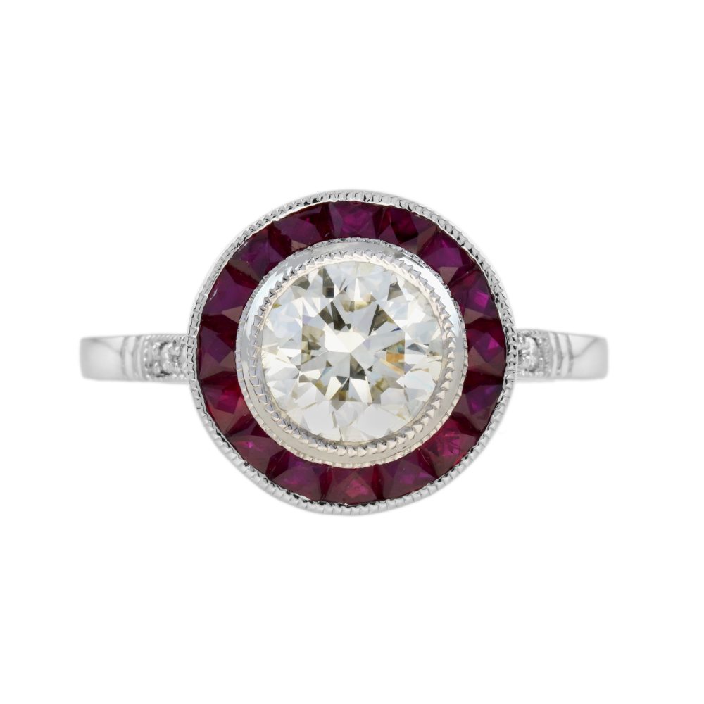 Certified 1ct Diamond and Ruby Halo Cluster Target Ring in Platinum