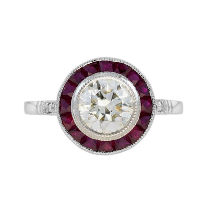 Certified 1ct Diamond and Ruby Halo Cluster Target Ring in Platinum