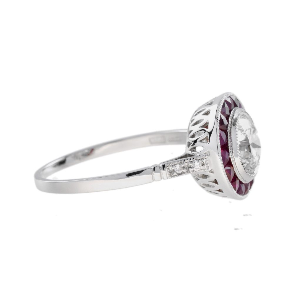 Certified 1ct Diamond and Ruby Halo Cluster Target Ring in Platinum