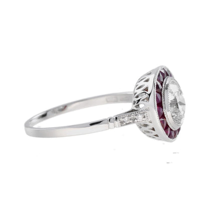 Certified 1ct Diamond and Ruby Halo Cluster Target Ring in Platinum