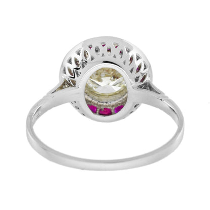 Certified 1ct Diamond and Ruby Halo Cluster Target Ring in Platinum