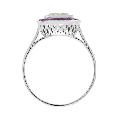 Certified 1ct Diamond and Ruby Halo Cluster Target Ring in Platinum