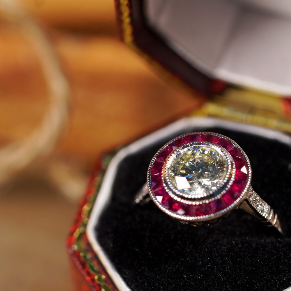 Certified 1ct Diamond and Ruby Target Ring in Platinum