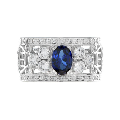 Oval Sapphire and Diamond Set Openwork 18ct White Gold Wide Band Ring