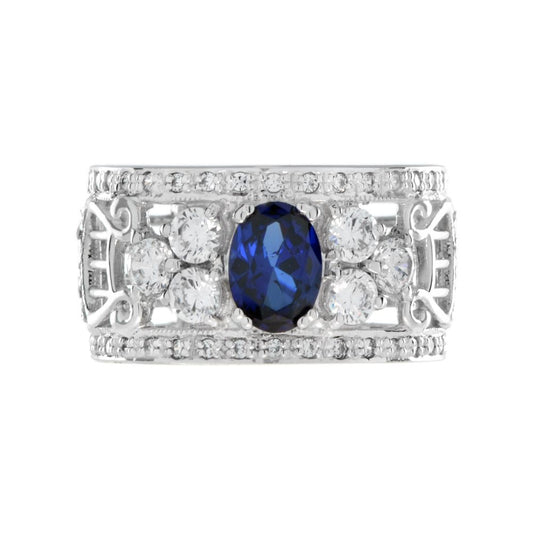 Oval Sapphire and Diamond Set Openwork 18ct White Gold Wide Band Ring