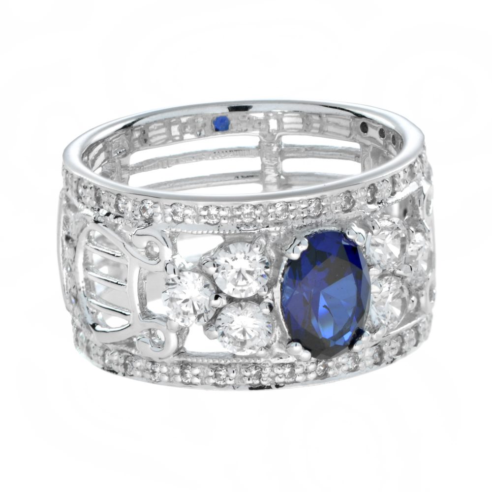 Oval Sapphire and Diamond Set Openwork 18ct White Gold Wide Band Ring