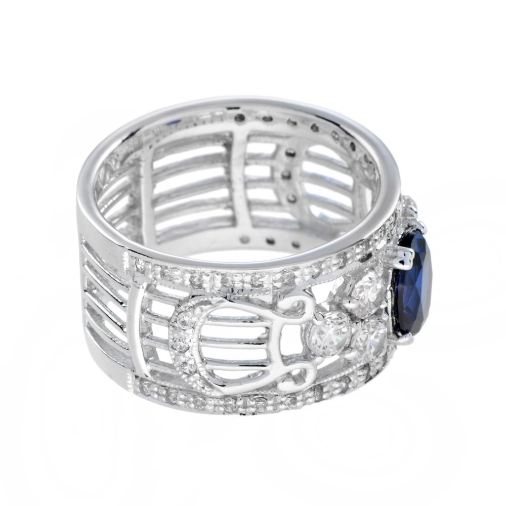 Oval Sapphire and Diamond Set Openwork 18ct White Gold Wide Band Ring