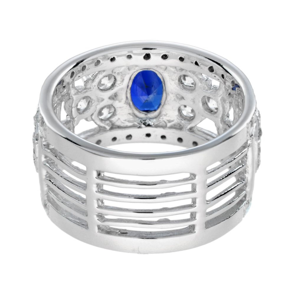 Oval Sapphire and Diamond Set Openwork 18ct White Gold Wide Band Ring