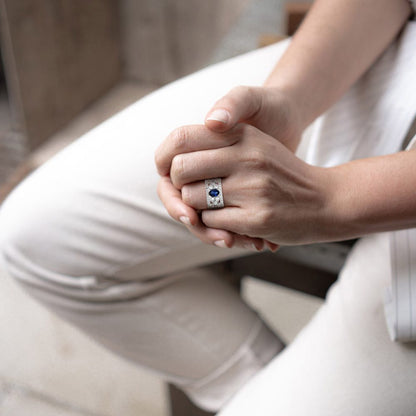 Oval Sapphire and Diamond Set Openwork 18ct White Gold Wide Band Ring