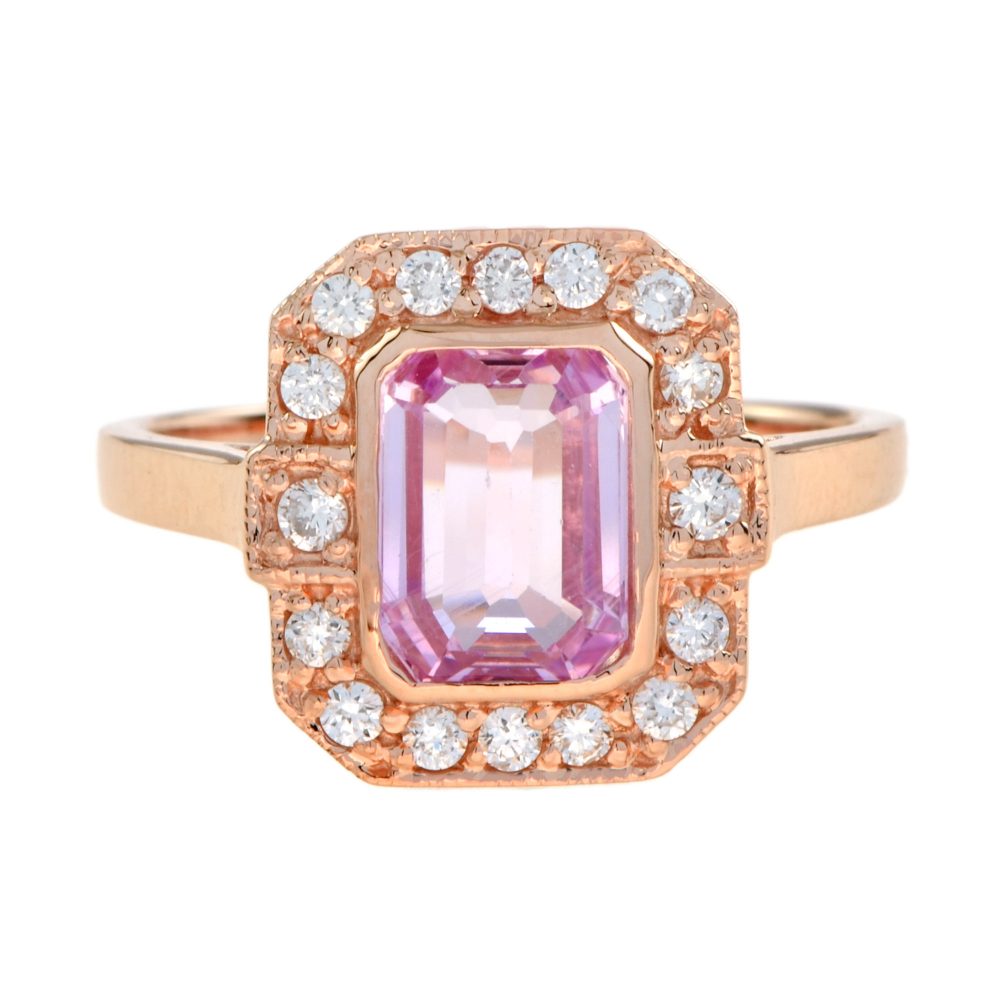 2ct Emerald Cut Pink Sapphire and Diamond Cluster Ring in 18ct Rose Gold