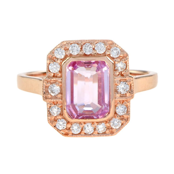 2ct Emerald Cut Pink Sapphire and Diamond Cluster Ring in 18ct Rose Gold