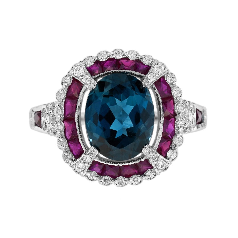 2.45ct Oval London Blue Topaz Ruby and Diamond Cluster Dress Ring