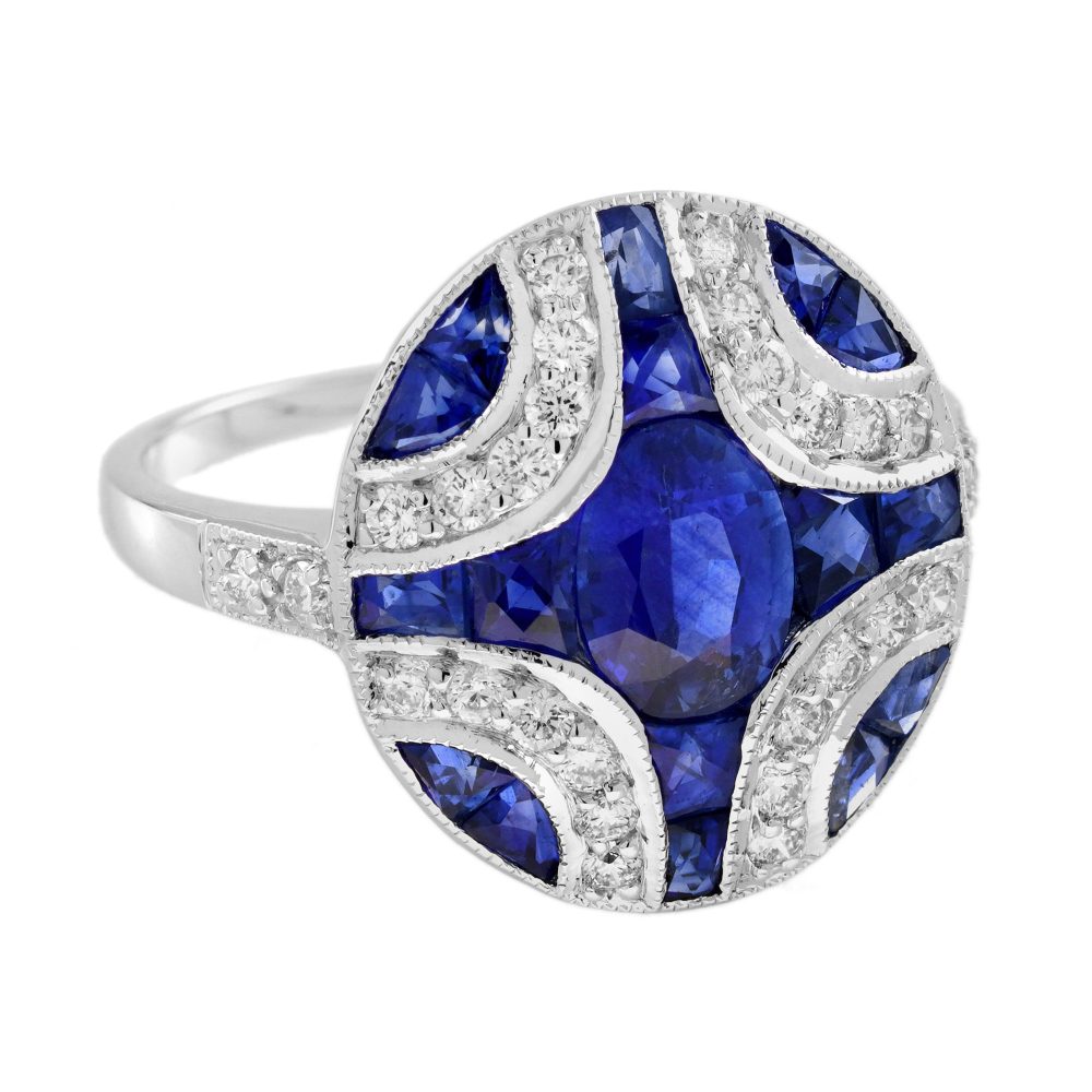 1.10ct Oval Sapphire and Diamond Geometric Cluster Dress Engagement Ring in 18ct White Gold