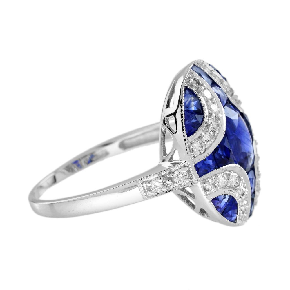 1.10ct Oval Sapphire and Diamond Geometric Cluster Dress Engagement Ring in 18ct White Gold