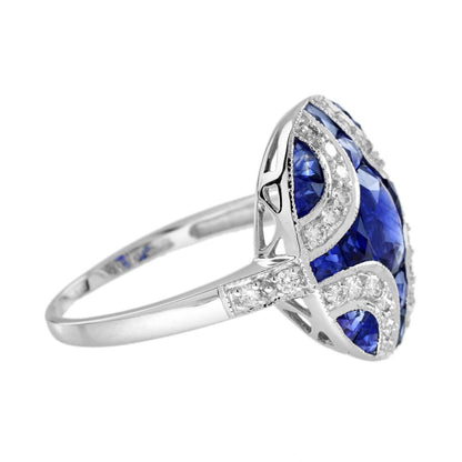 1.10ct Oval Sapphire and Diamond Geometric Cluster Dress Engagement Ring in 18ct White Gold
