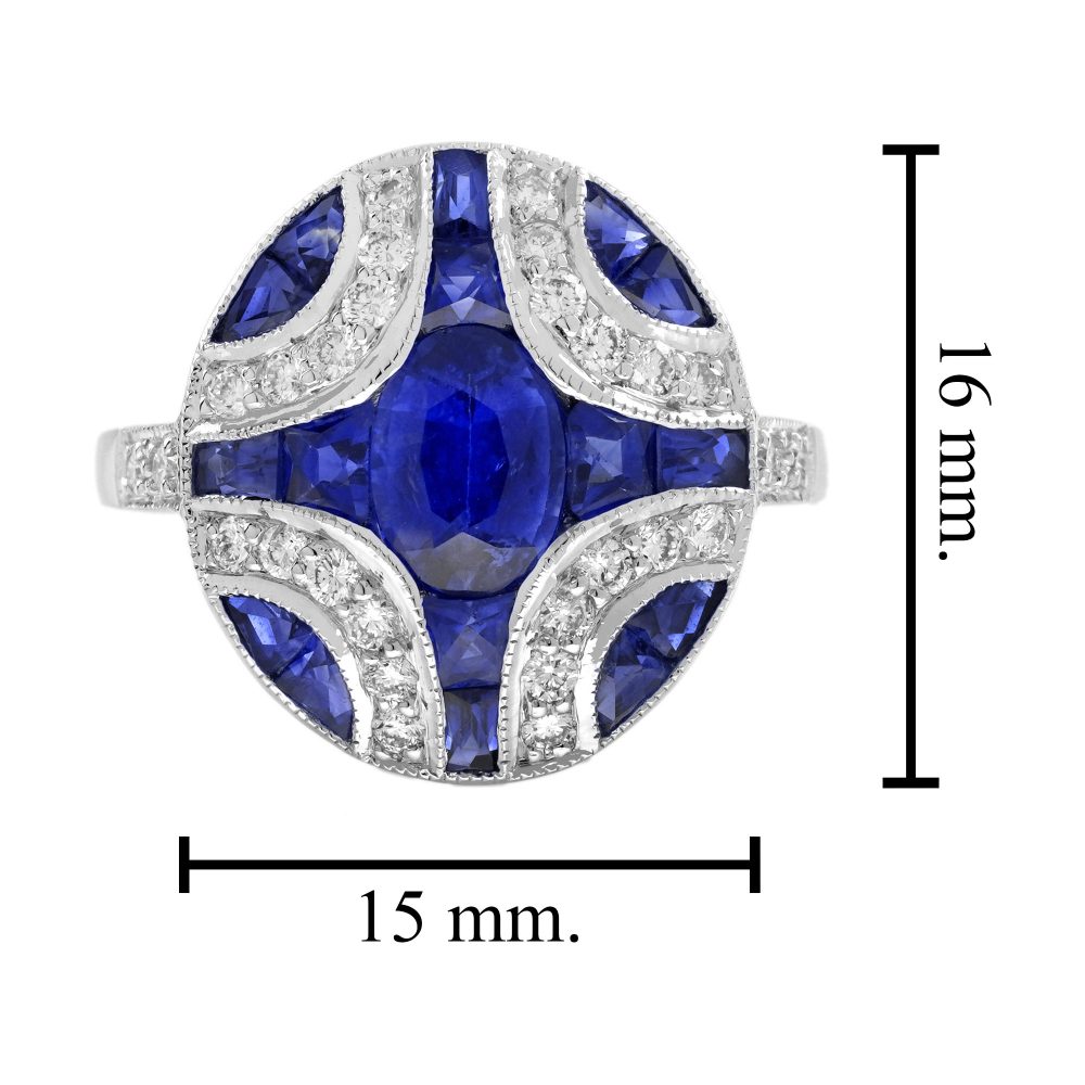 1.10ct Oval Sapphire and Diamond Geometric Cluster Dress Ring, 1.10ct oval-cut sapphire adorned by 1.25cts French cut sapphires with round brilliant diamond lines on each corner in 18ct white gold with millegrain edging