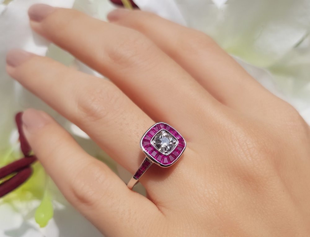 Art Deco Style 0.58ct Diamond and Ruby Cluster Target Ring