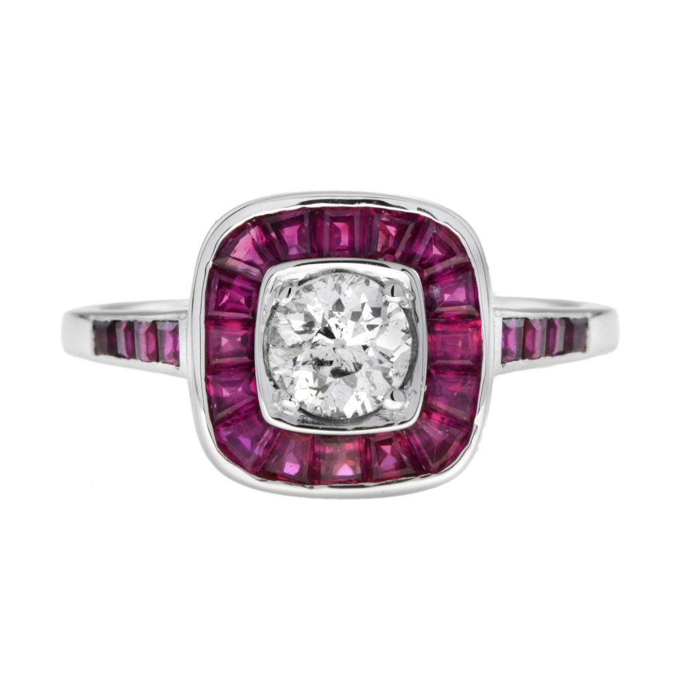 Art Deco Style 0.58ct Old Cut Diamond and Calibre Ruby Cluster Target Ring in 18ct White Gold