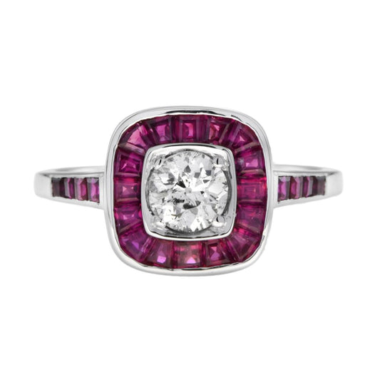 Art Deco Style 0.58ct Old Cut Diamond and Calibre Ruby Cluster Target Ring in 18ct White Gold