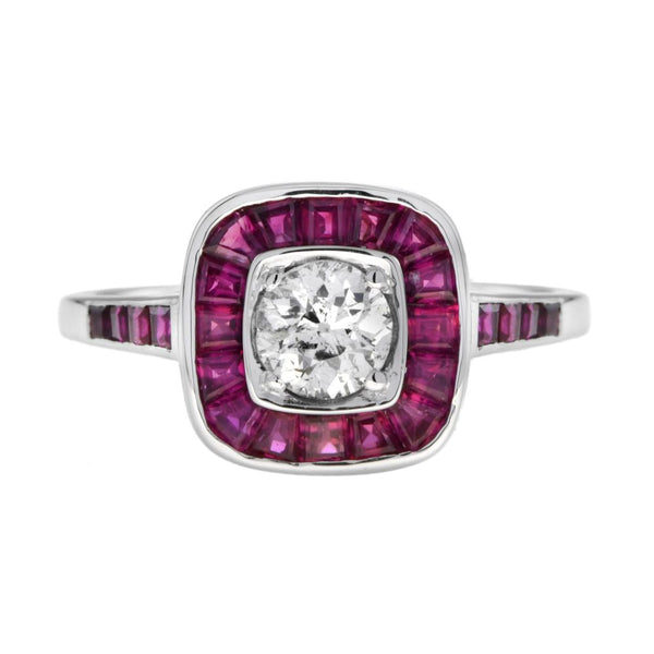 Art Deco Style 0.58ct Old Cut Diamond and Calibre Ruby Cluster Target Ring in 18ct White Gold