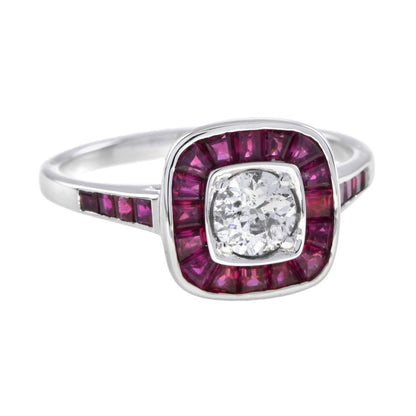 Art Deco Style 0.58ct Old Cut Diamond and Calibre Ruby Cluster Target Ring in 18ct White Gold