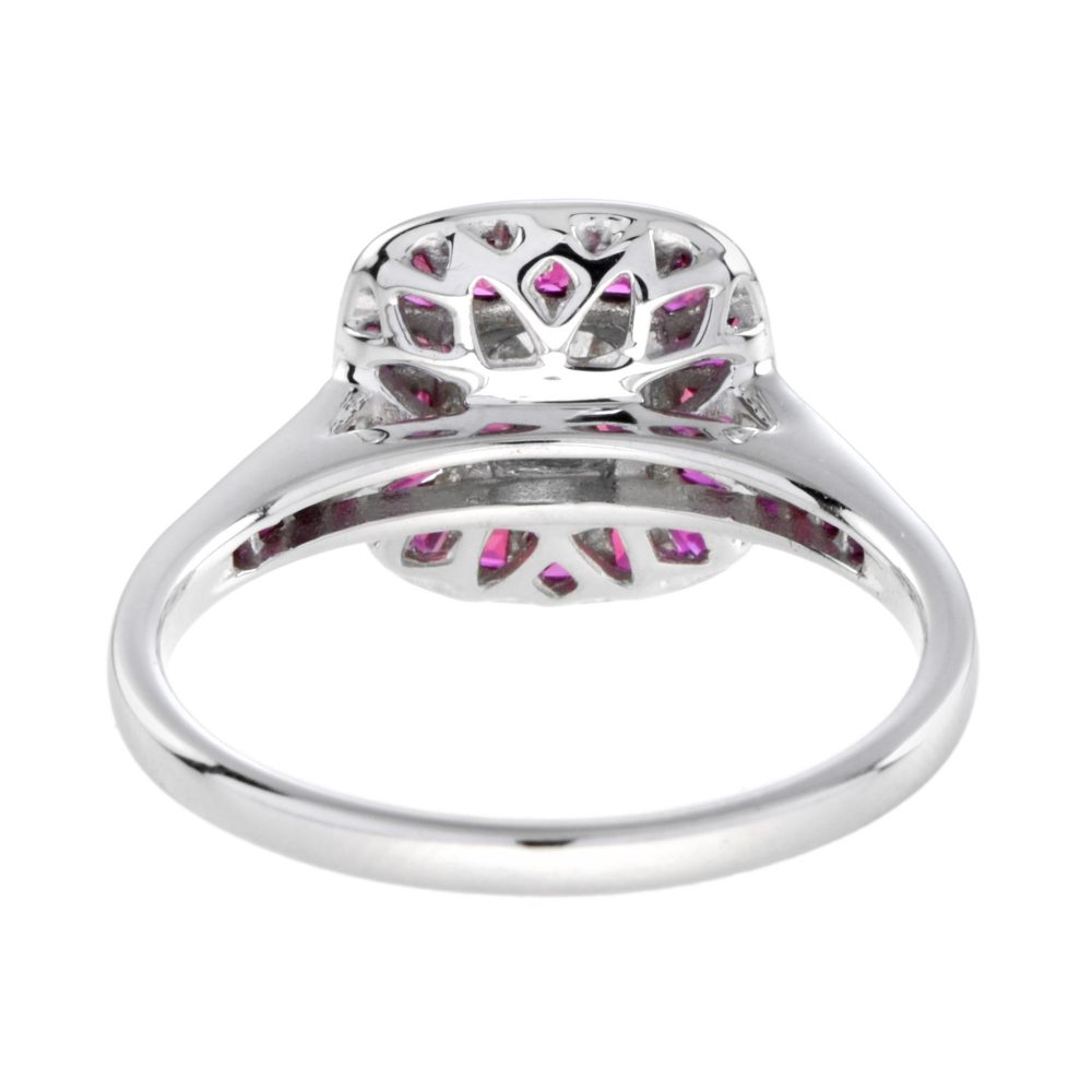 Art Deco Style 0.58ct Old Cut Diamond and Ruby Cluster Target Ring in 18ct White Gold