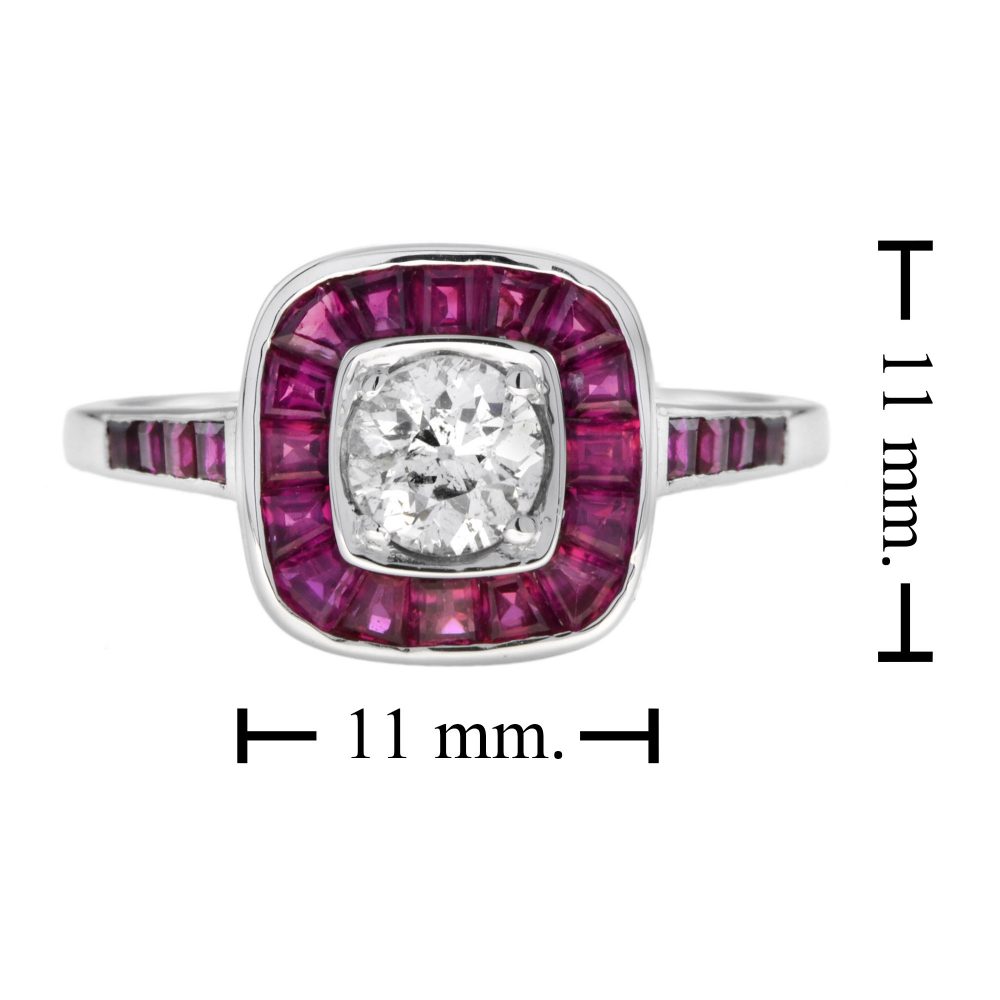 Art Deco Style 0.58ct Diamond and Ruby Cluster Target Ring in 18ct White Gold