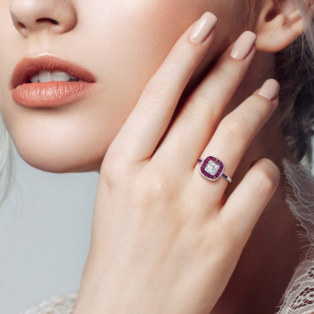 Art Deco Style 0.58ct Diamond and Ruby Cluster Target Ring