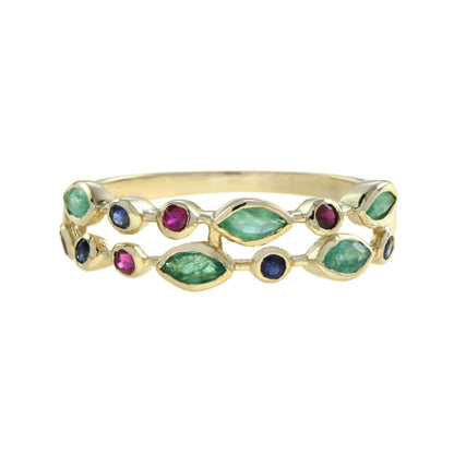 Double Row Marquise Emerald, Ruby and Sapphire Ring in 14ct Yellow Gold
