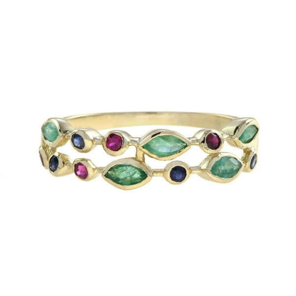 Double Row Marquise Emerald, Ruby and Sapphire Ring in 14ct Yellow Gold