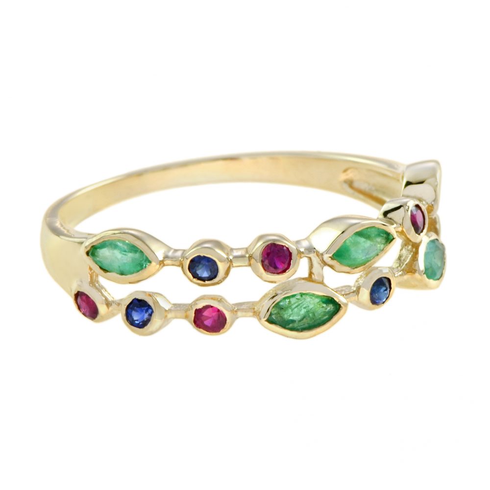 Double Row Marquise Emerald, Ruby and Sapphire Ring in 14ct Yellow Gold