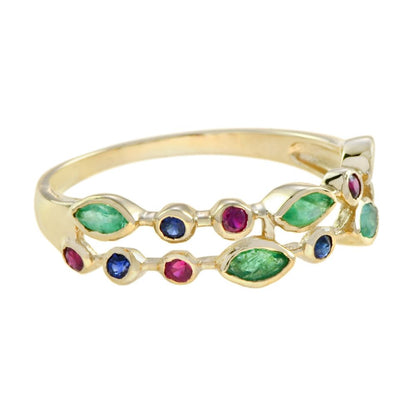 Double Row Marquise Emerald, Ruby and Sapphire Ring in 14ct Yellow Gold