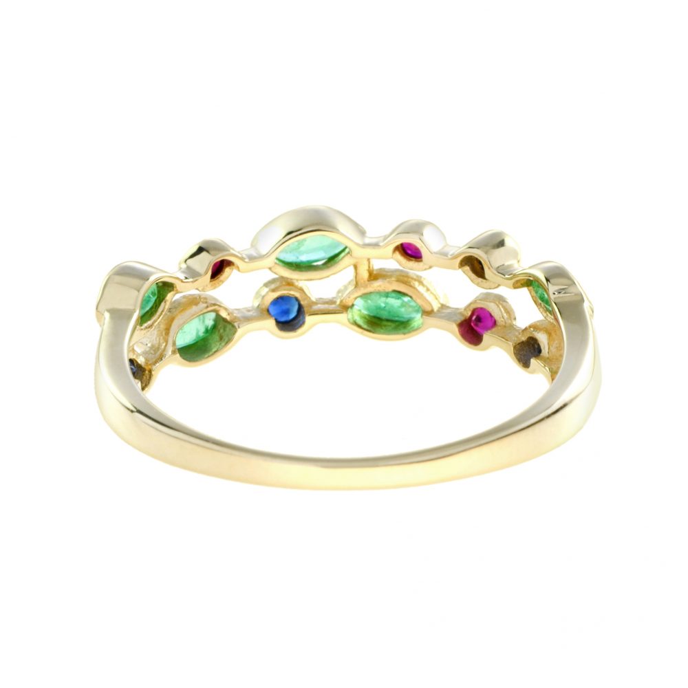 Double Row Marquise Emerald, Ruby and Sapphire Ring in 14ct Yellow Gold