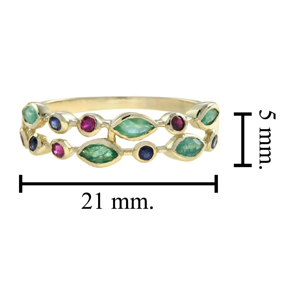 Double Row Marquise Emerald, Ruby and Sapphire Ring in 14ct Yellow Gold
