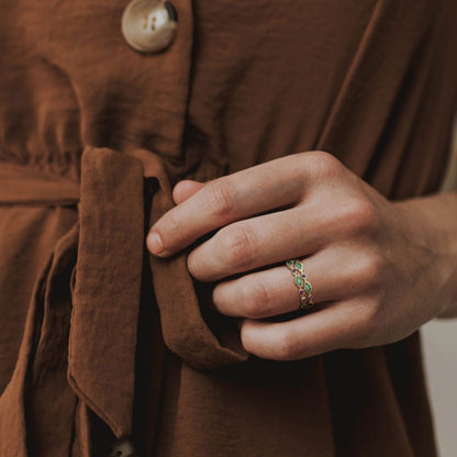 Double Row Marquise Emerald, Ruby and Sapphire Ring in 14ct Yellow Gold