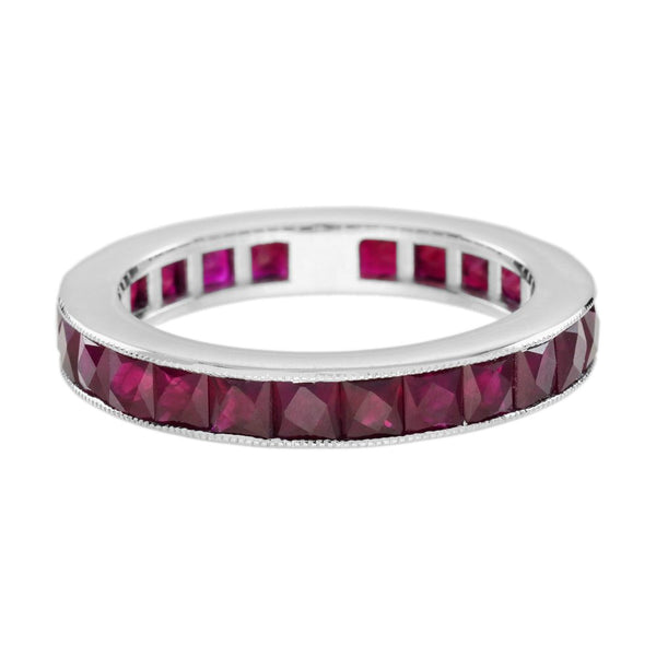 3.90ct French Cut Ruby Full Eternity Band Ring, 18ct white gold band set throughout with 26 rubies totalling 3.90 carats in open-back gallery setting with millegrain detailing
