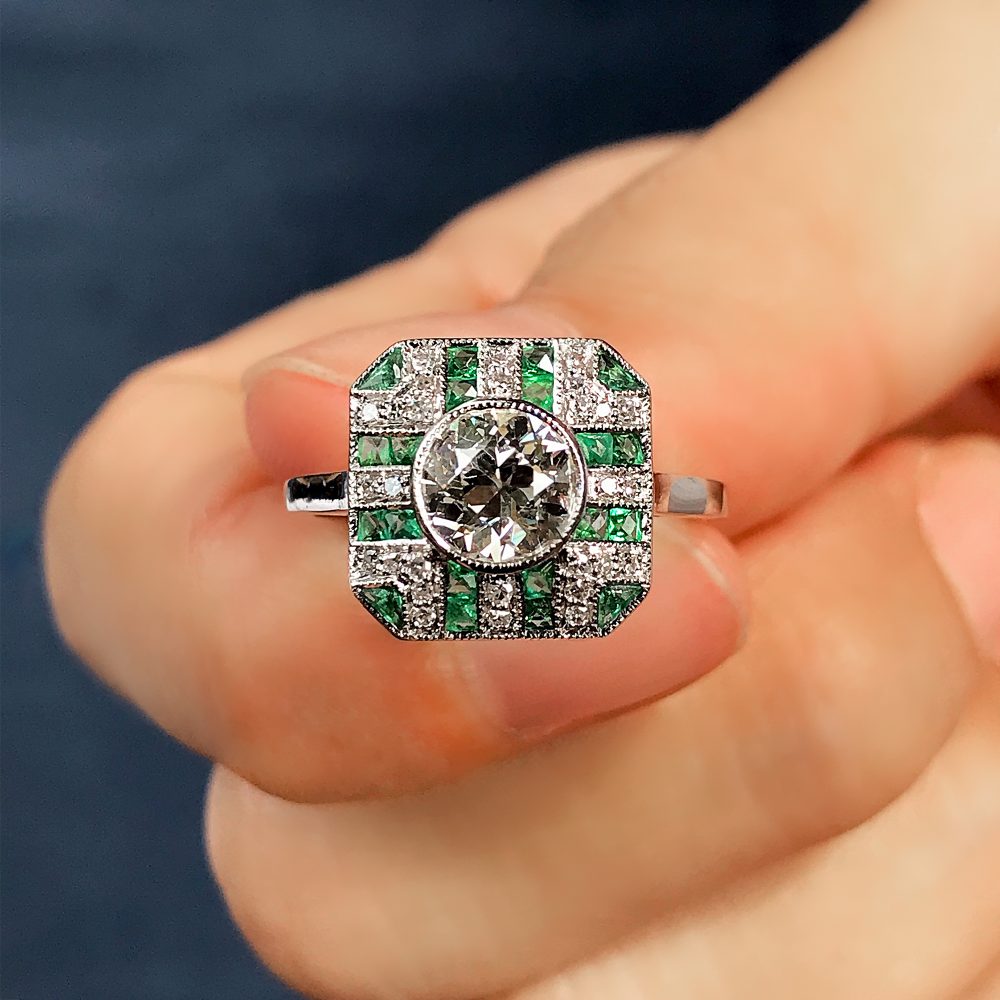 GIA Certified 0.93ct Old Cut Diamond and Emerald Cluster Engagement Ring