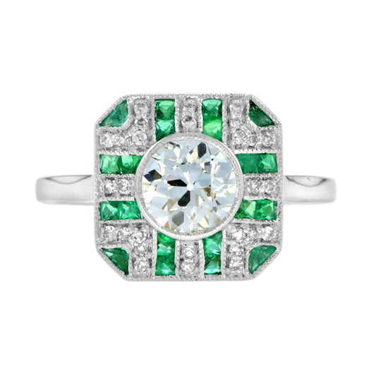 GIA Certified 0.93ct Old Cut Diamond and Emerald Cluster Engagement Ring