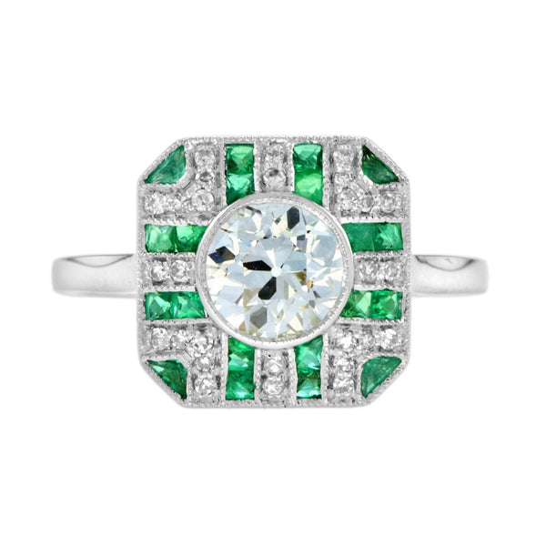 GIA Certified 0.93ct Old Cut Diamond and Emerald Cluster Engagement Ring