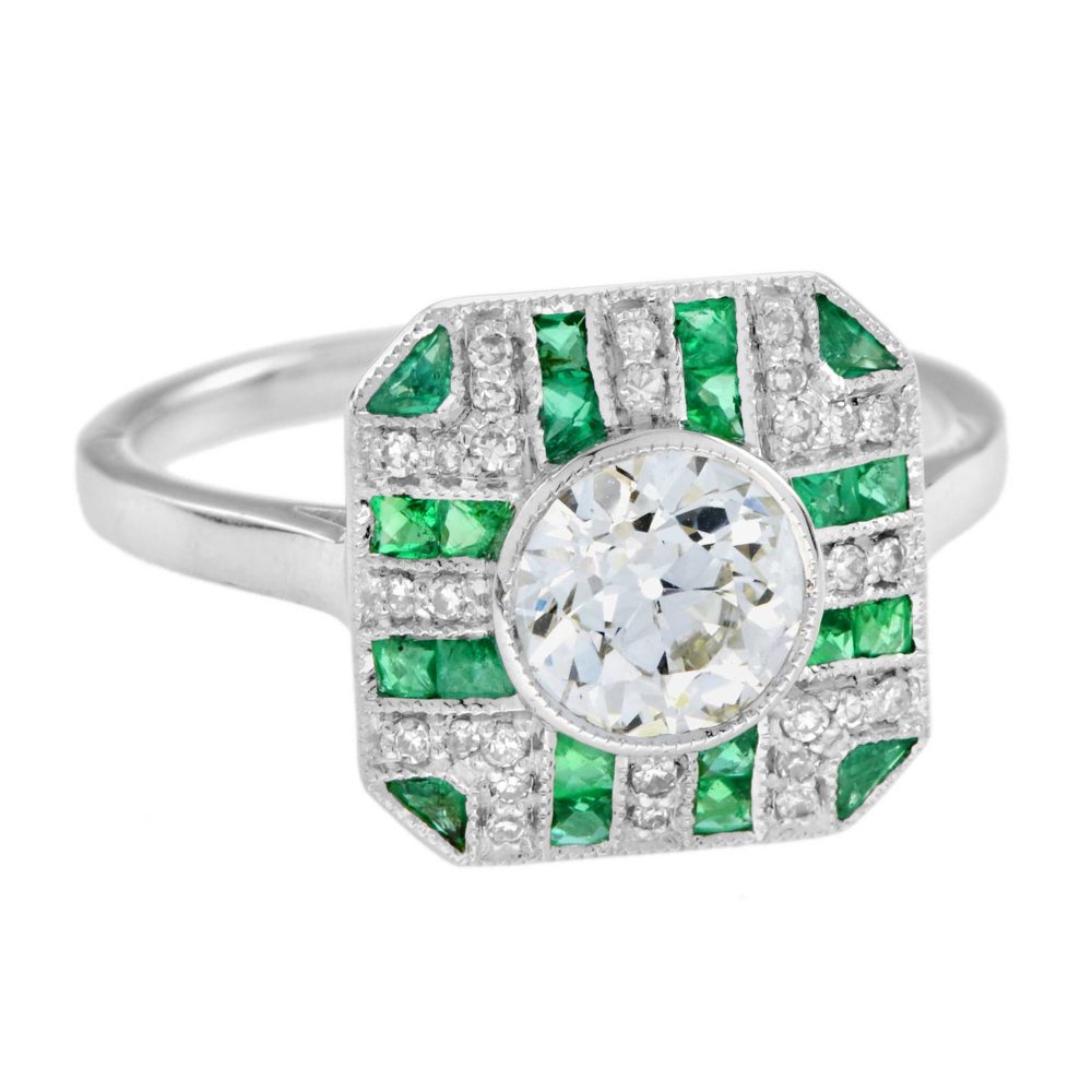 GIA Certified 0.93ct Old Cut Diamond and Emerald Cluster Engagement Ring