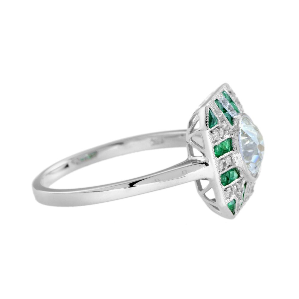 GIA Certified 0.93ct Old Cut Diamond and Emerald Cluster Engagement Ring