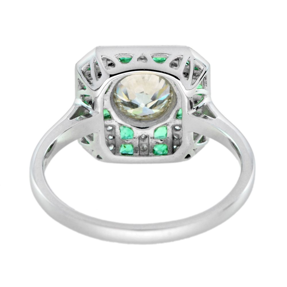 GIA Certified 0.93ct Old Cut Diamond and Emerald Cluster Engagement Ring