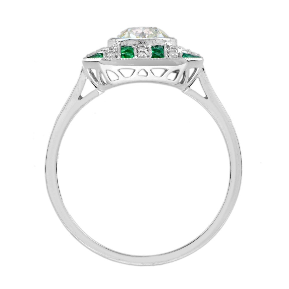 GIA Certified 0.93ct Old Cut Diamond and Emerald Cluster Engagement Ring