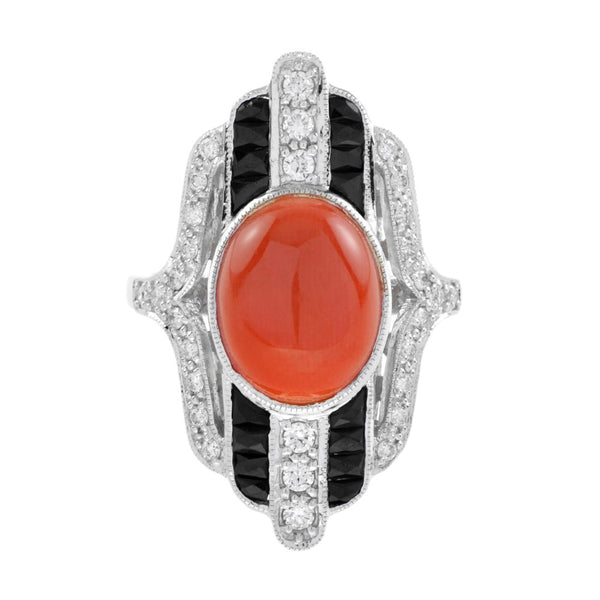 Art Deco Inspired 3ct Coral Onyx and Diamond Plaque Cocktail Ring