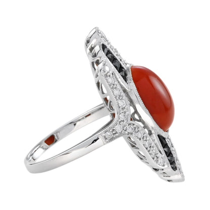 Art Deco Inspired 3ct Coral Onyx and Diamond Plaque Cocktail Ring